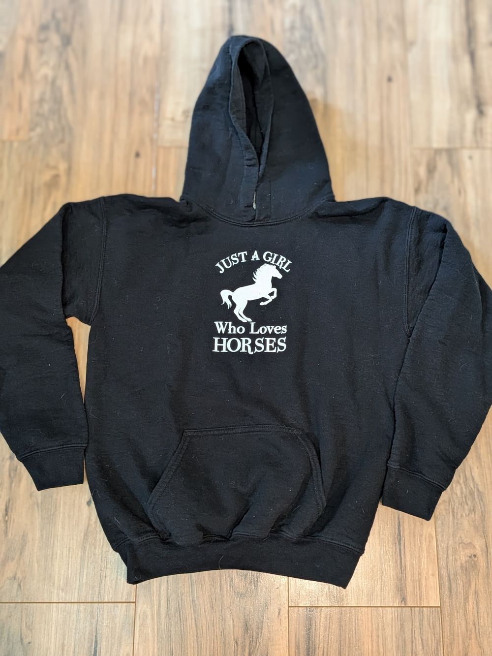 'Just A Girl Who Loves Horses' Graphic Hoodie, Black, Girls Large